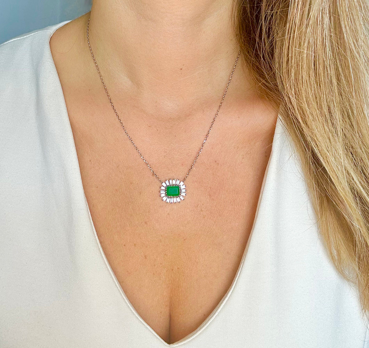 cubic zirconia baguettes solid 925 sterling silver charm necklace