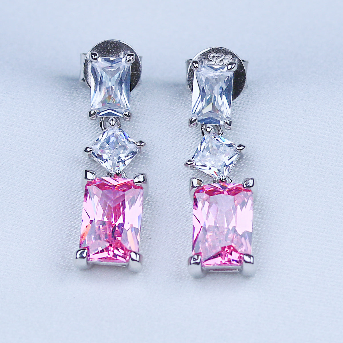 sparkly pink cubic zirconia earrings solid .925 sterling silver