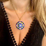 Enamel Cloisonné Floral Medallion Necklace - Blue