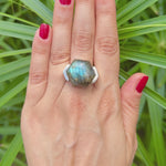 Labradorite hexagon cabochon solid nickel free sterling silver ring