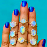 Rainbow Moonstone Hexagon Ring