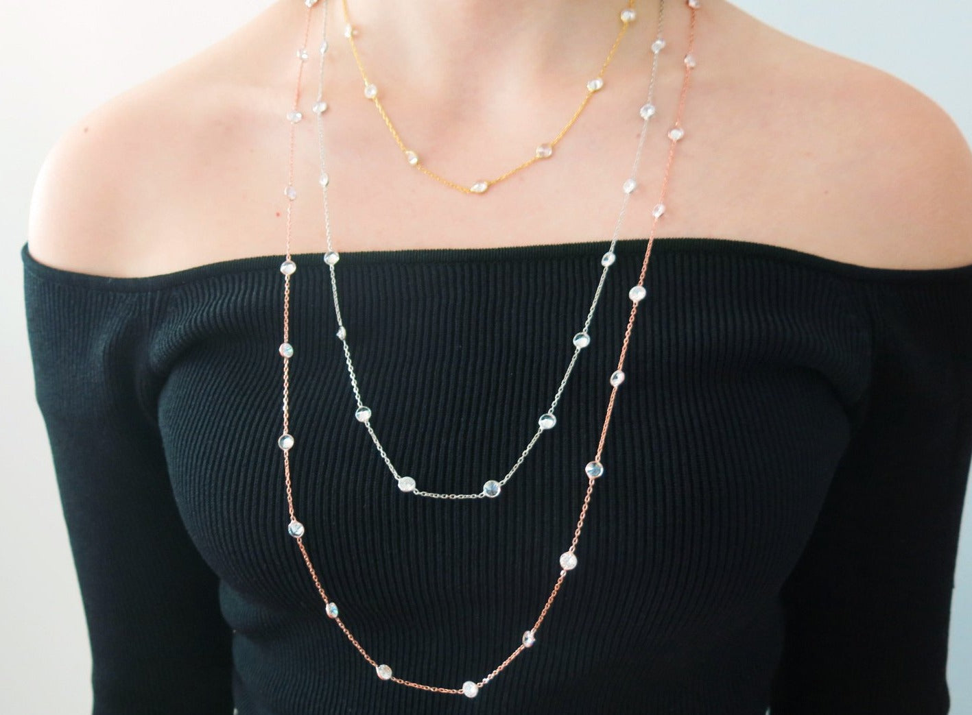 rose gold crystal layer necklace 14k gold rose gold plated 925 sterling silver