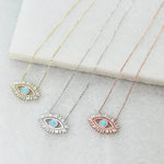 blue opal evil eye necklace cubic zirconia 14k gold plated rose gold 925 sterling silver