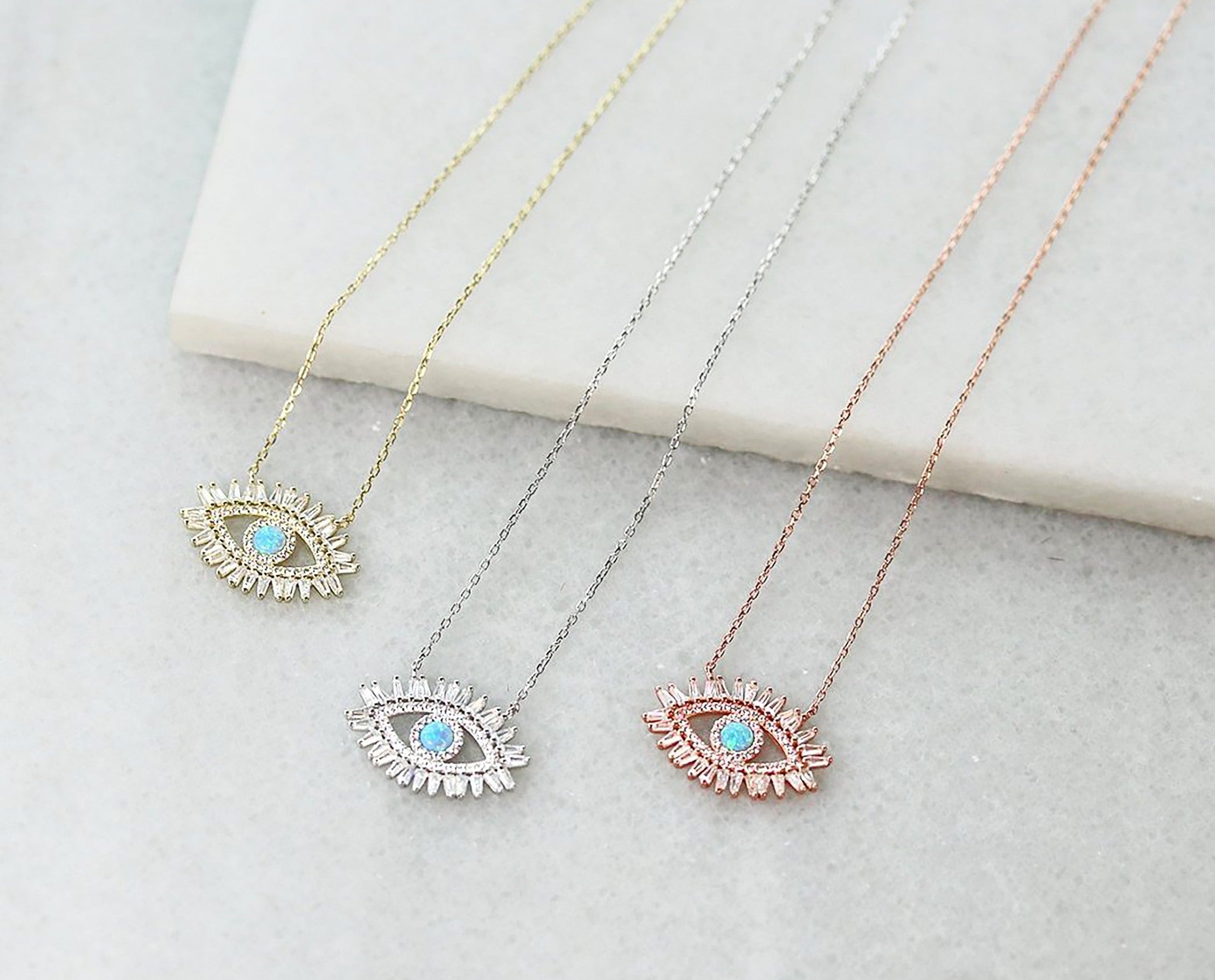blue opal evil eye necklace cubic zirconia 14k gold plated rose gold 925 sterling silver