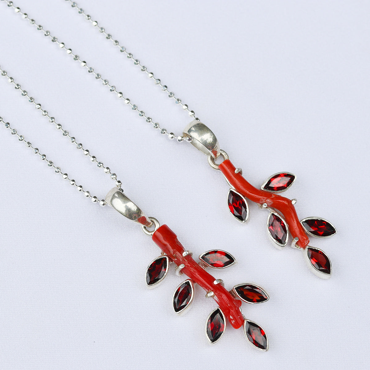 Sterling Silver Red-Branch Coral and Green Turquoise Necklace