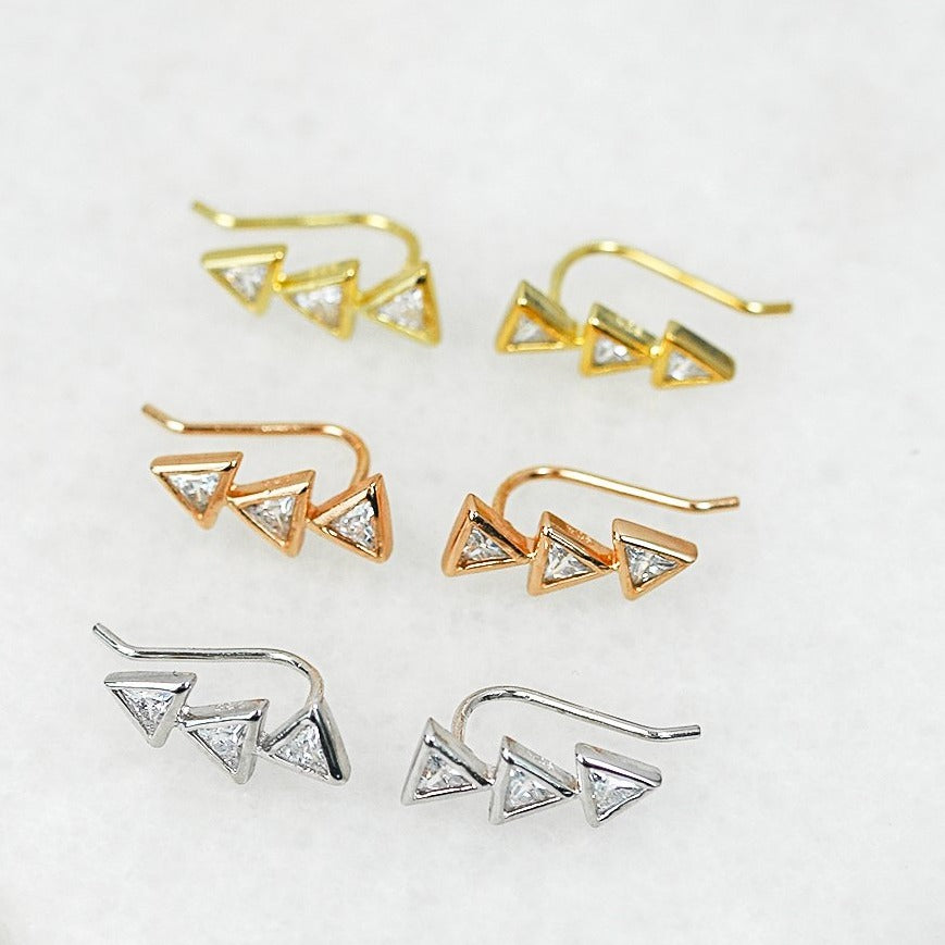 three triangle ear climbers cubic zirconia 925 sterling silver 14k gold rose gold plated