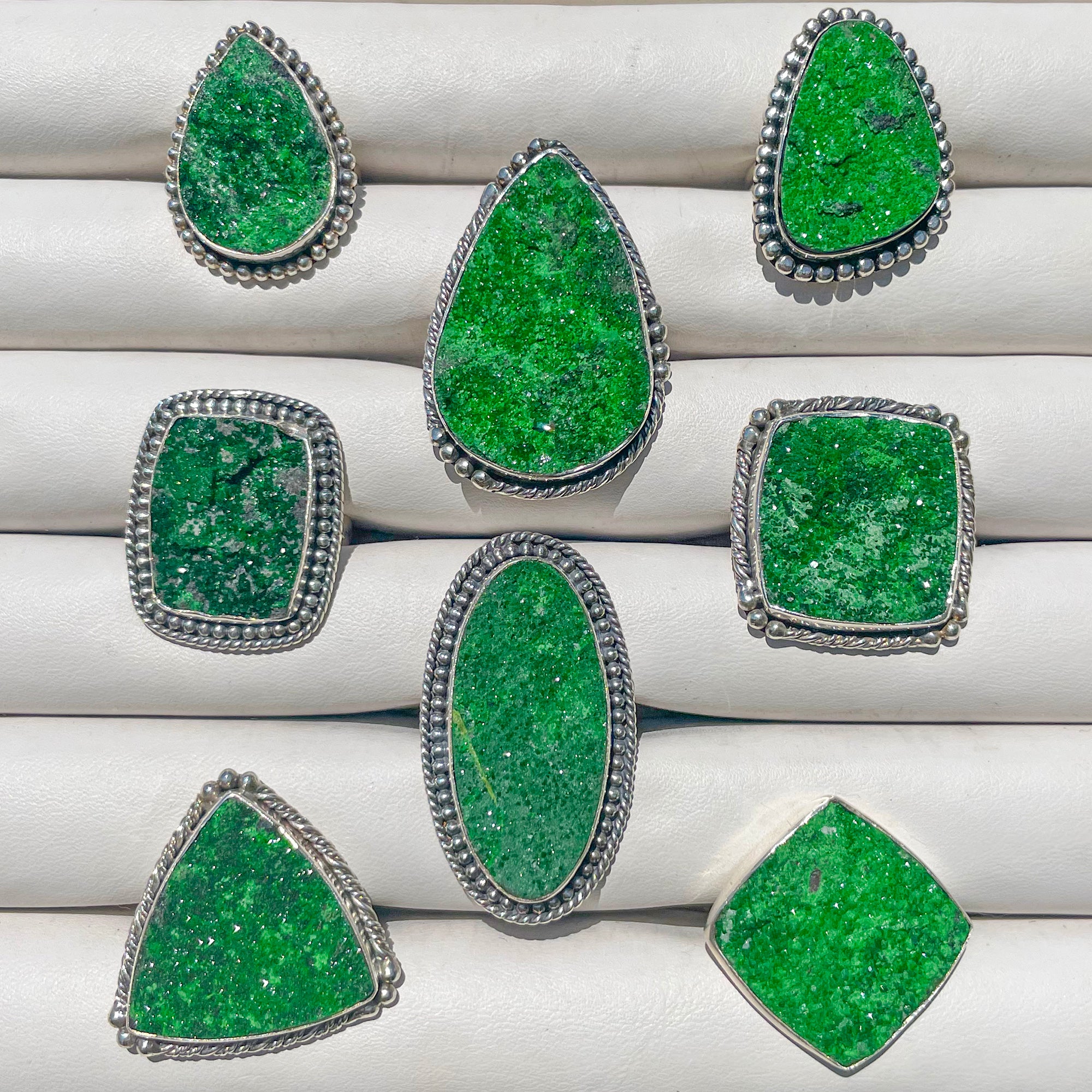 uvarovite glittering garnet rings 925 sterling silver