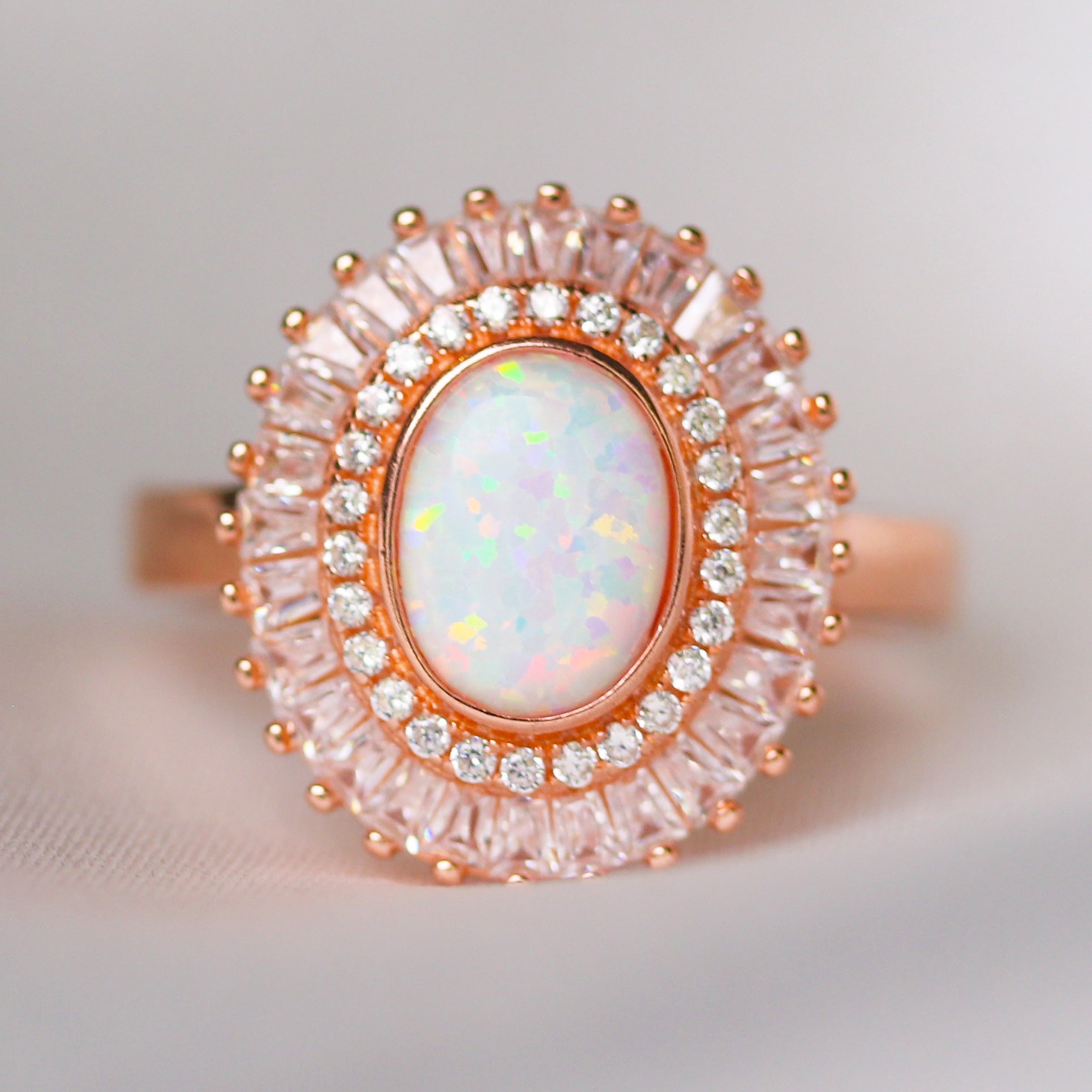 Art Deco Opal Baguette Ring 14k Rose Gold plated 925 sterling silver cubic zirconia swarovski crystal