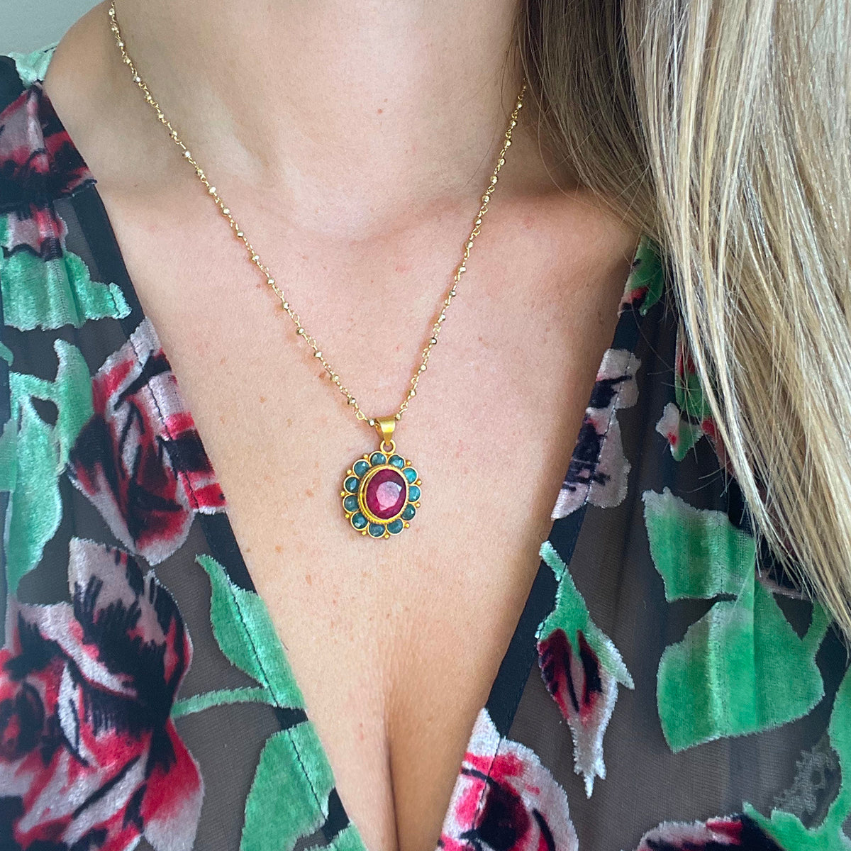 Large Vintage Flower Necklace - Ruby & Emerald