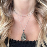 Large Pyrite Pendant Necklace - Silver Teardrop