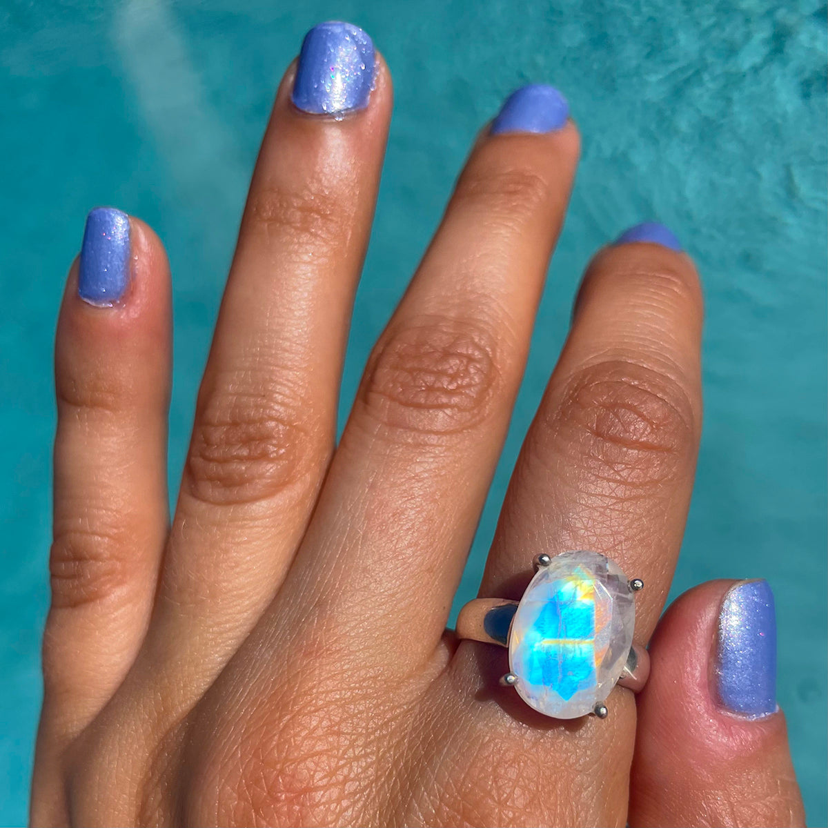 Rainbow Moonstone Faceted Ring - Prong set