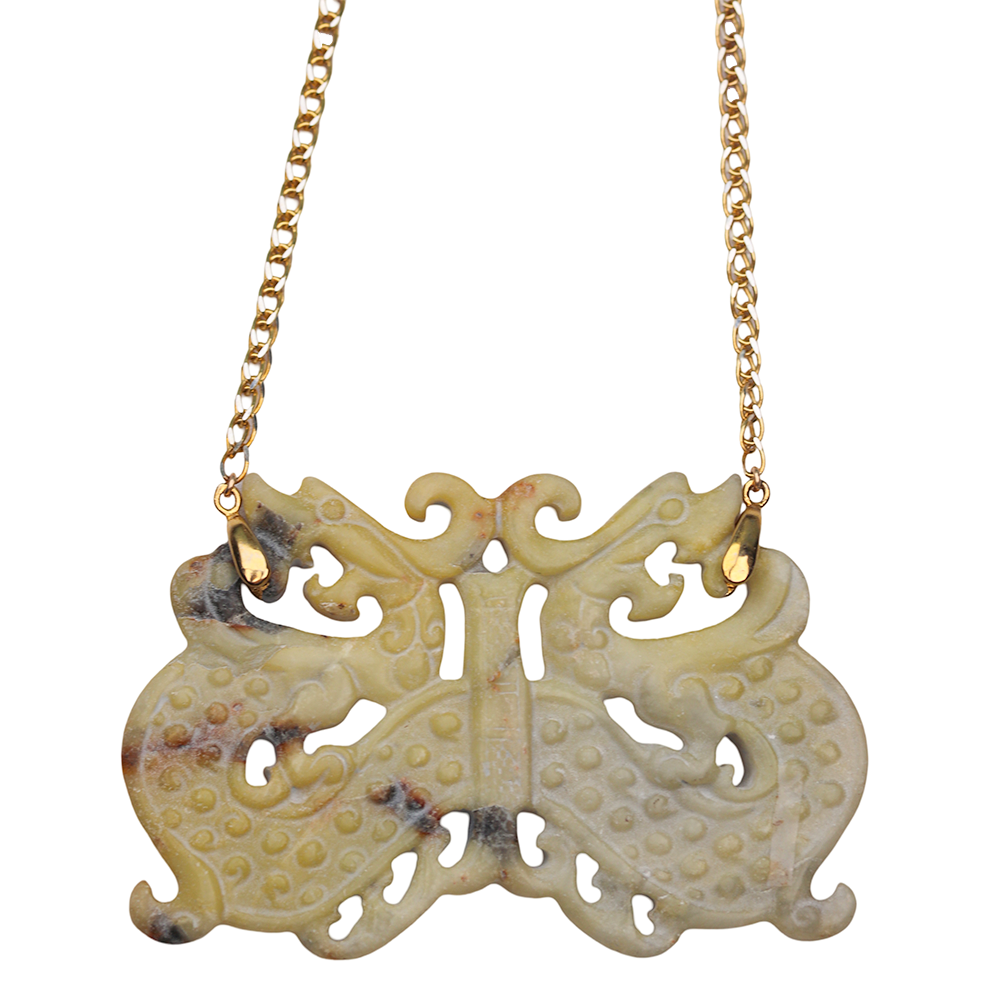 Antique Carved Jade Dragon Butterfly Necklace