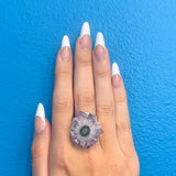 Amethyst Flower Silver Cuff Ring - Light Purple