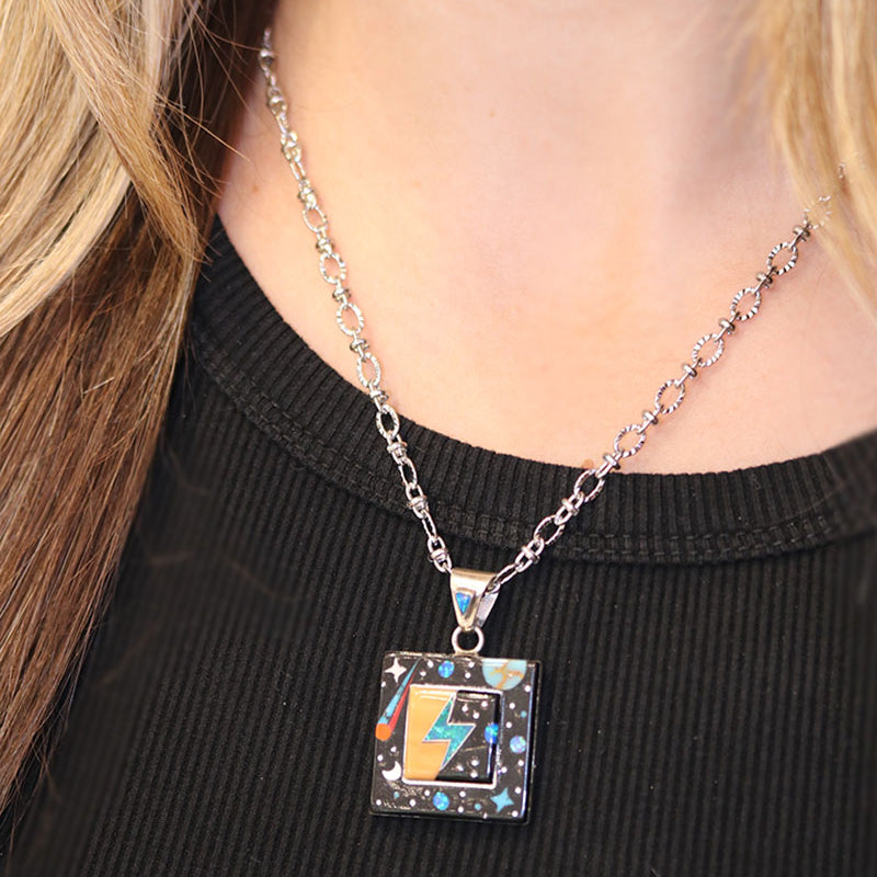 Lightning Bolt Inlay Statement Necklace - Square