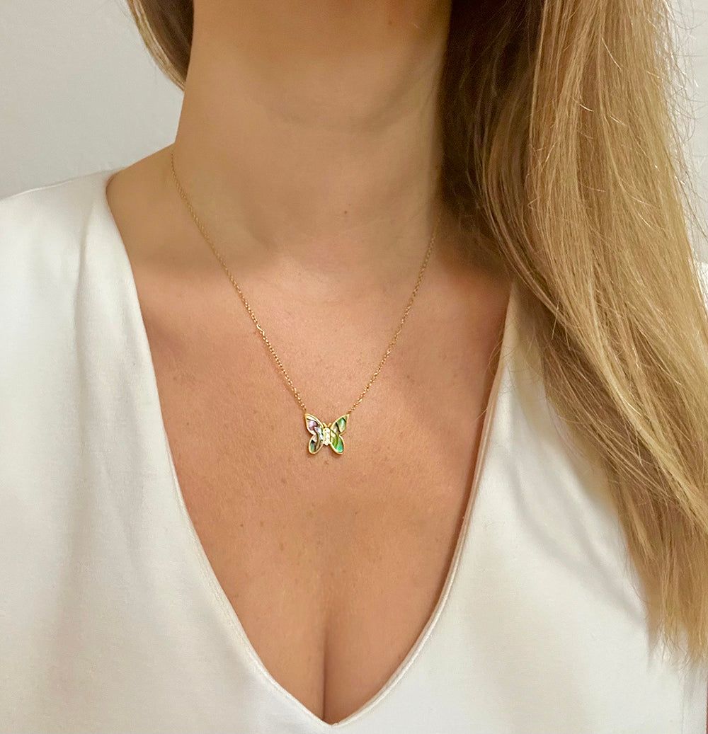Waterproof Abalone butterfly necklace gold plated stainless steel