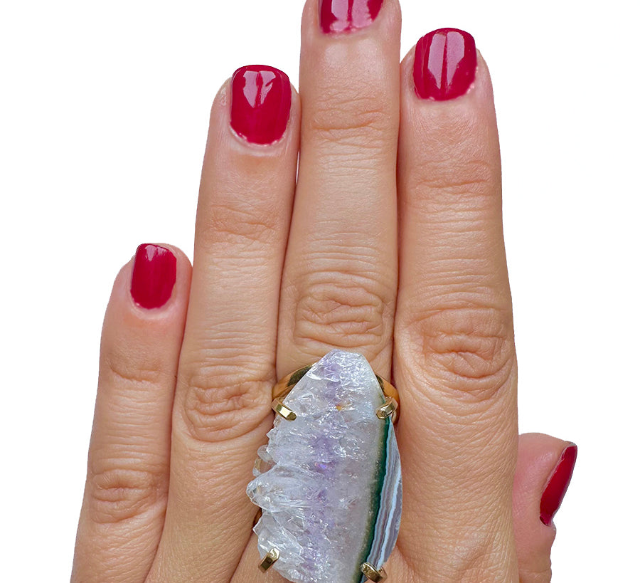 Amethyst agate quartz sterling silver plated brass adjustable ring