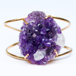 natural Amethyst crystal 14k gold plated brass cuff adjustable fit