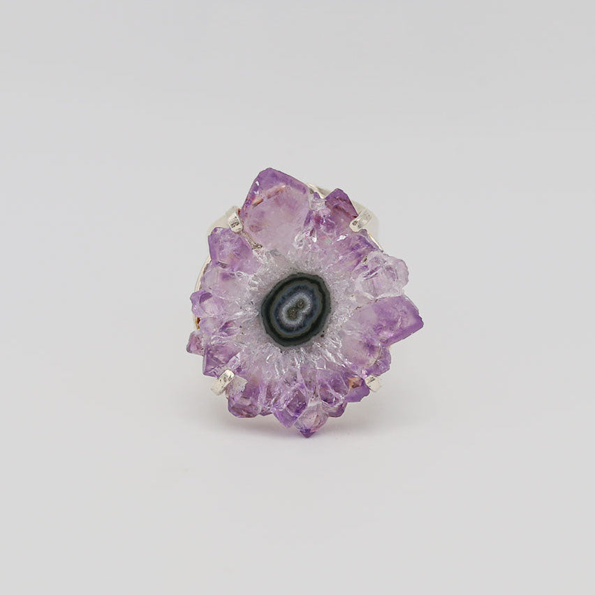 Amethyst Flower Silver Cuff Ring - Light Purple