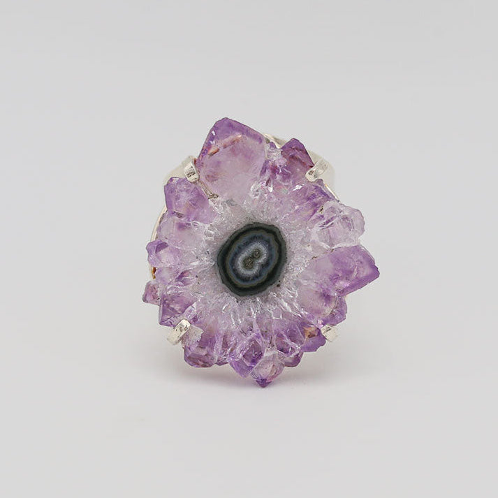Amethyst Flower Silver Cuff Ring - Light Purple