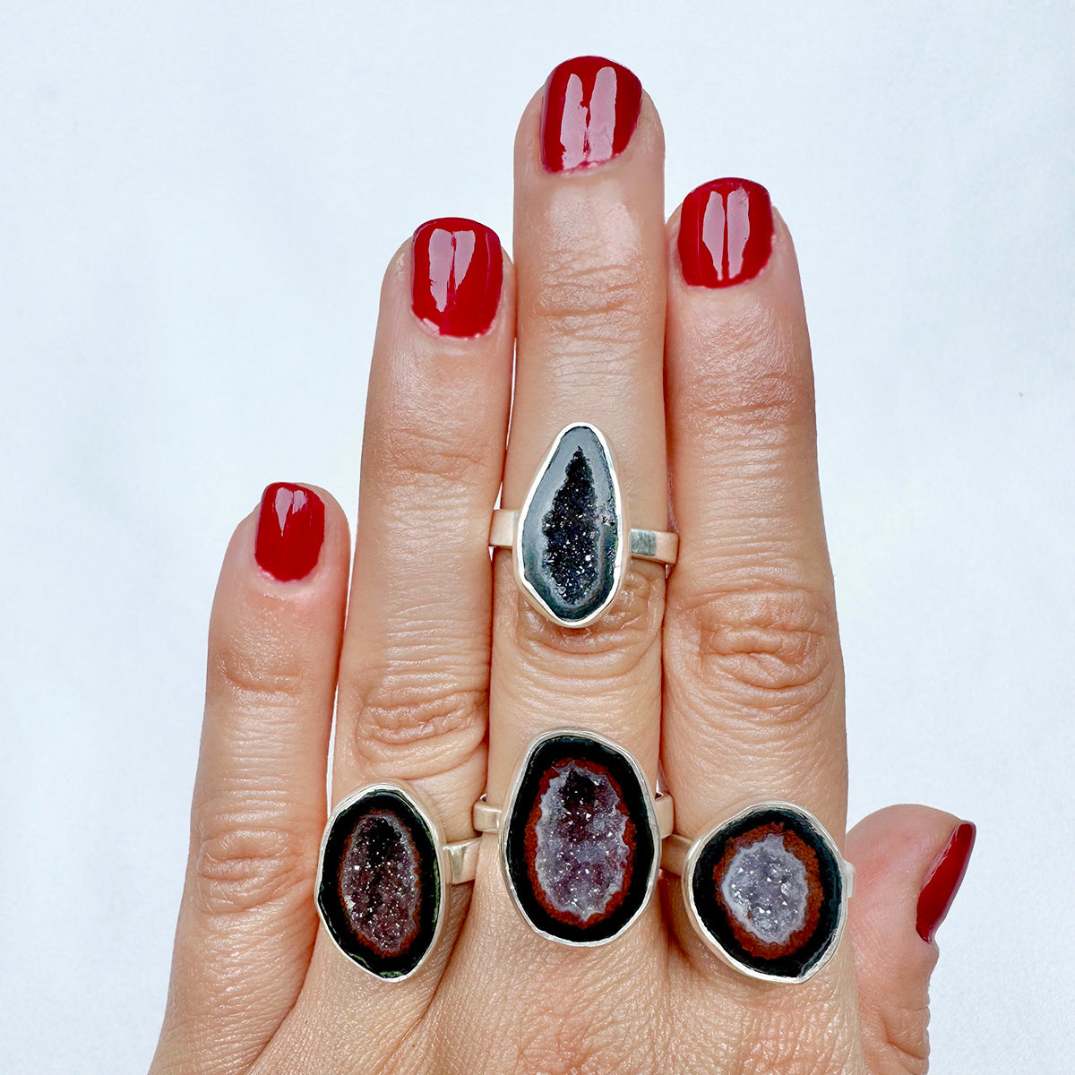 Natural red/black agate druzy geode rings .925 sterling silver waterproof