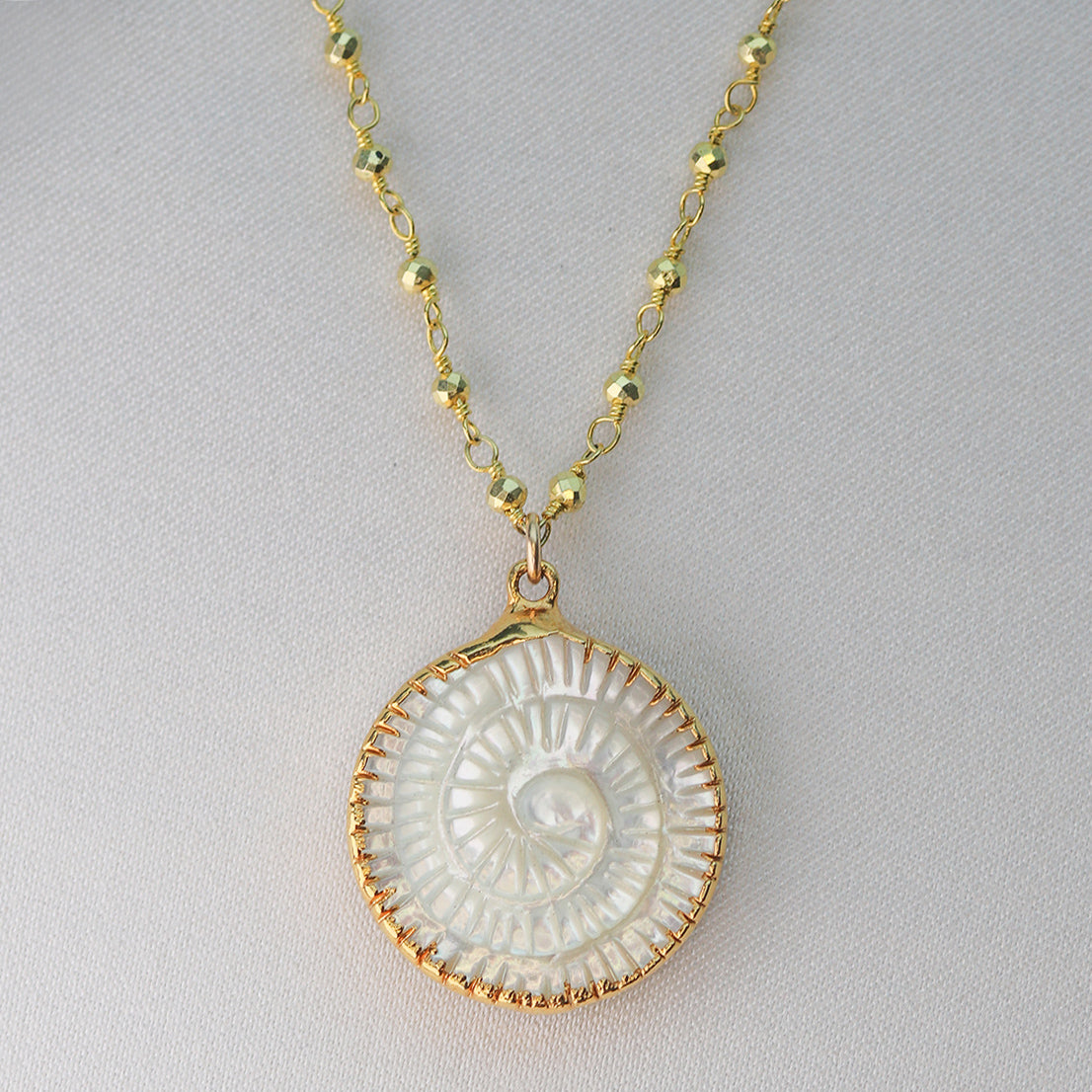 white carved spiral necklace mother of pearl gold filled chain