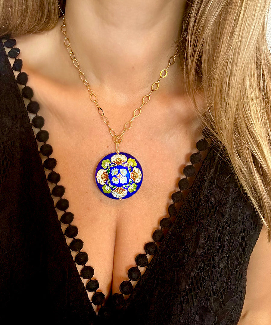 Enamel Cloisonné Floral Medallion Necklace - Blue
