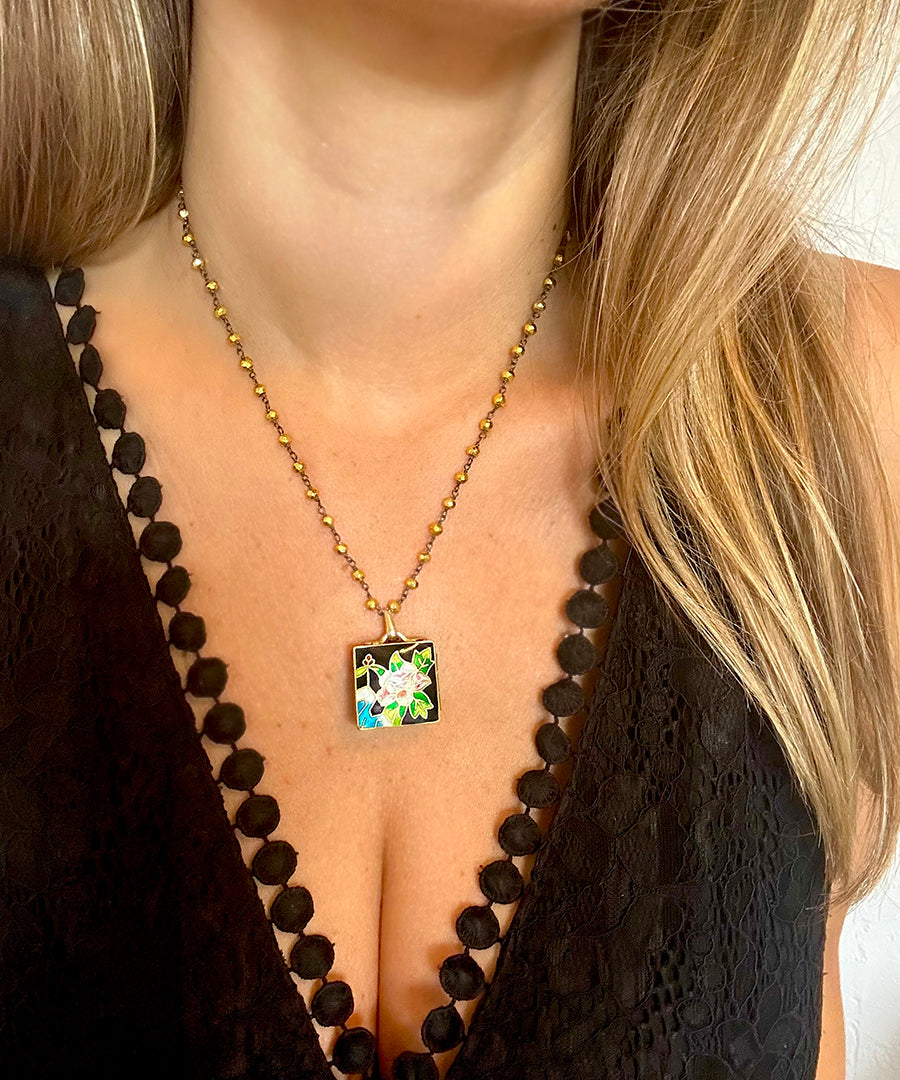 Enamel Cloisonné Square Locket Necklace