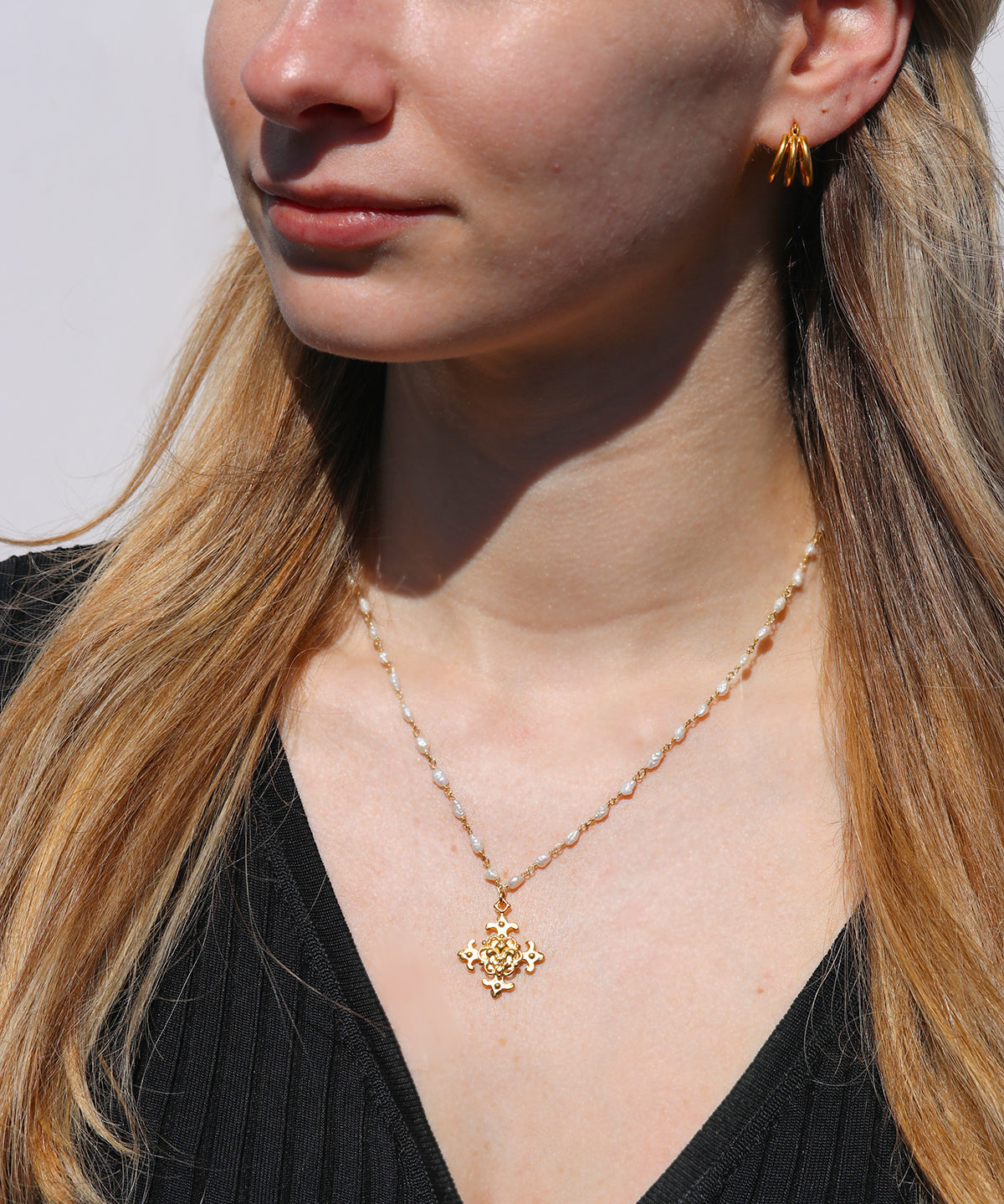 Fleur de Lis Pearl Cross Necklace