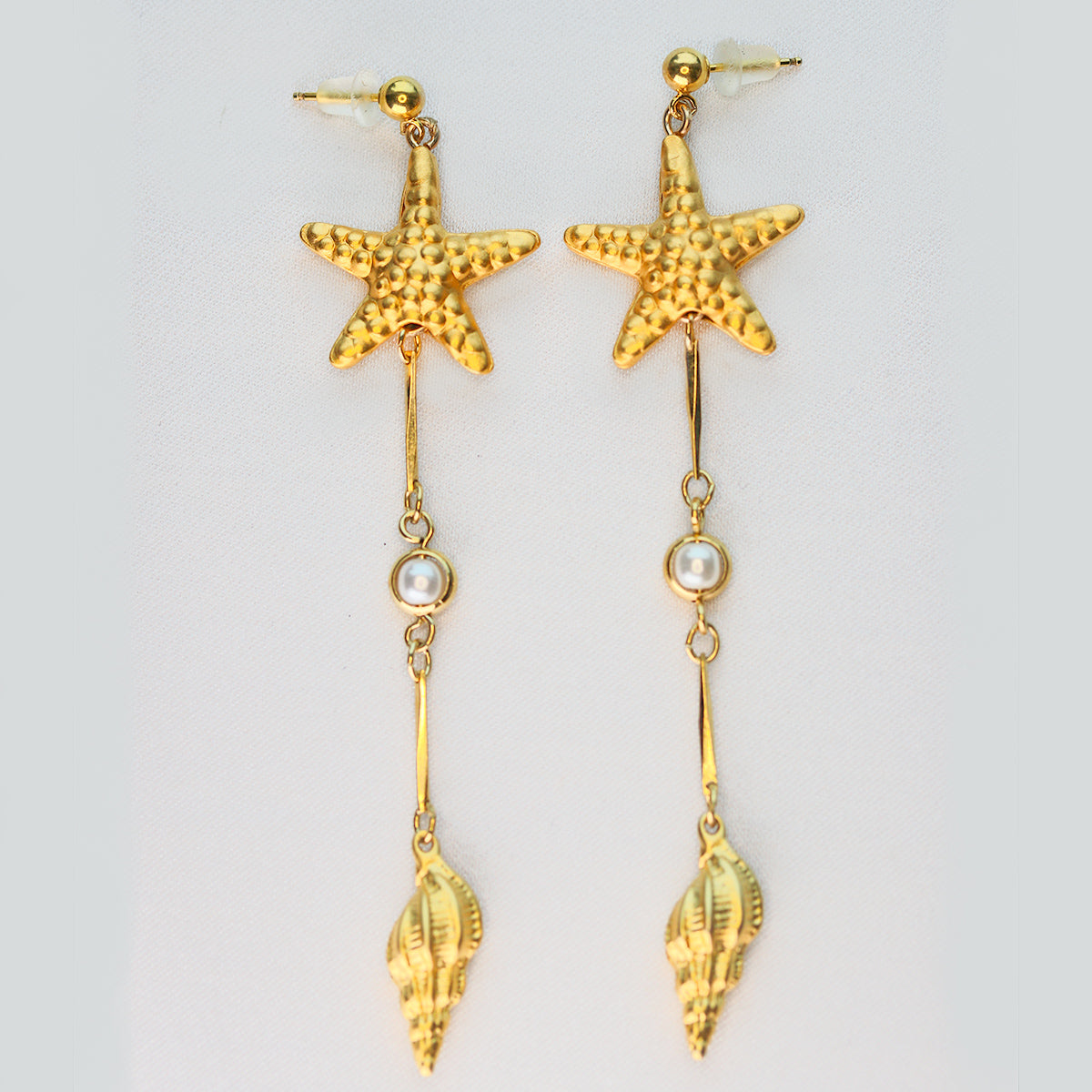 under the sea drop earrings starfish pearls 14k gold plated 925 sterling silver