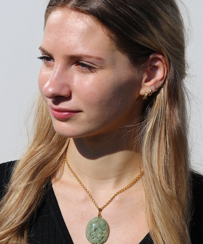 Antique Carved Green Jade Tigers Necklace - Medium