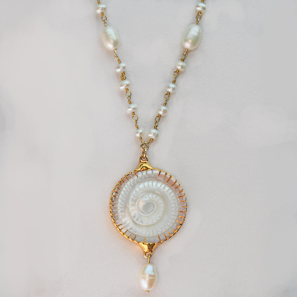 carved mother of pearl pearl chain necklace gold filled chain