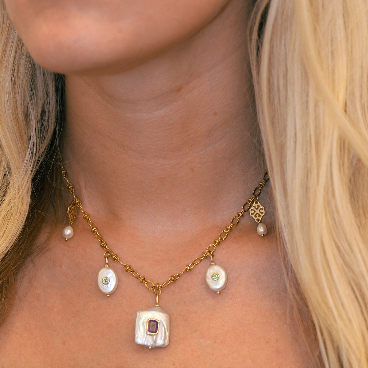 Pearl Charm Ruby Peridot Inlay Necklace