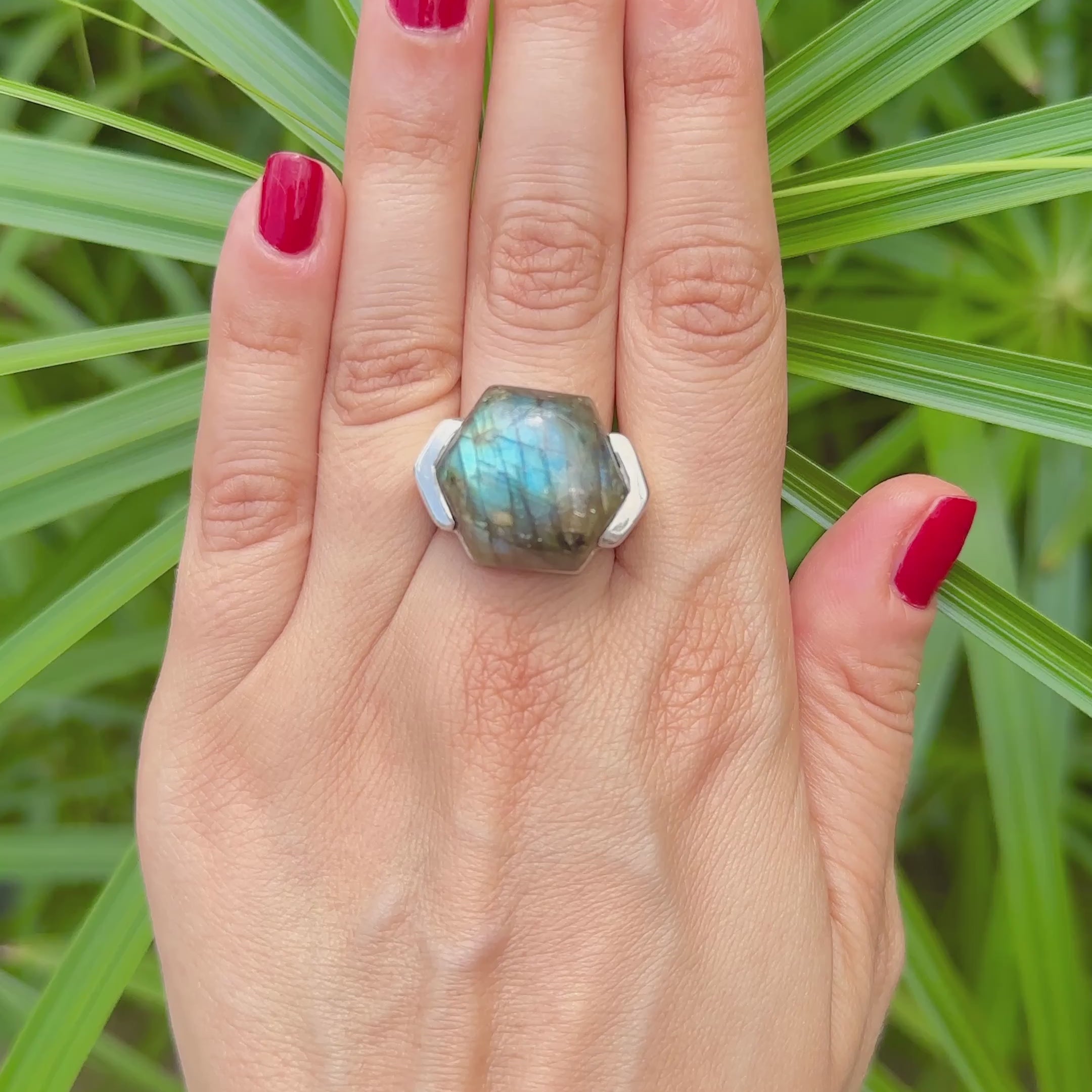 Labradorite hexagon cabochon solid nickel free sterling silver ring