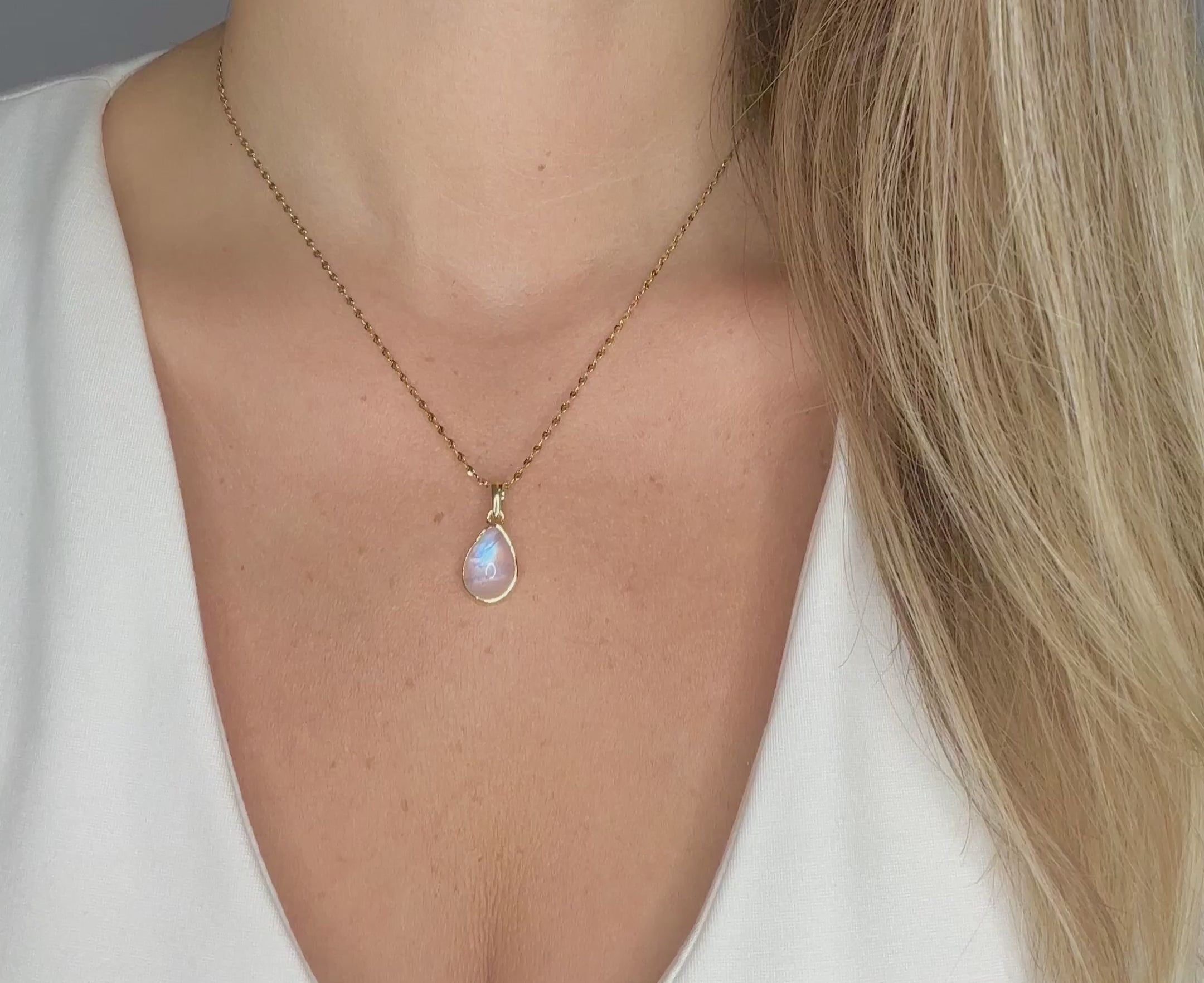 Natural Moonstone .925 sterling silver 14k gold plated necklace waterproof