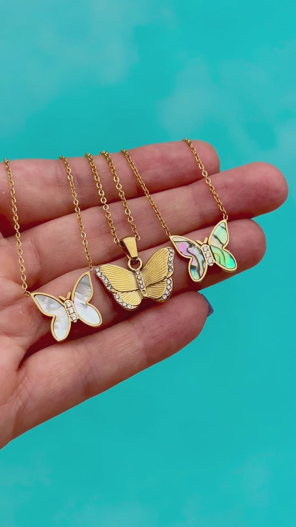 Waterproof Abalone or mother of pearl butterfly necklace gold plated stainless steel