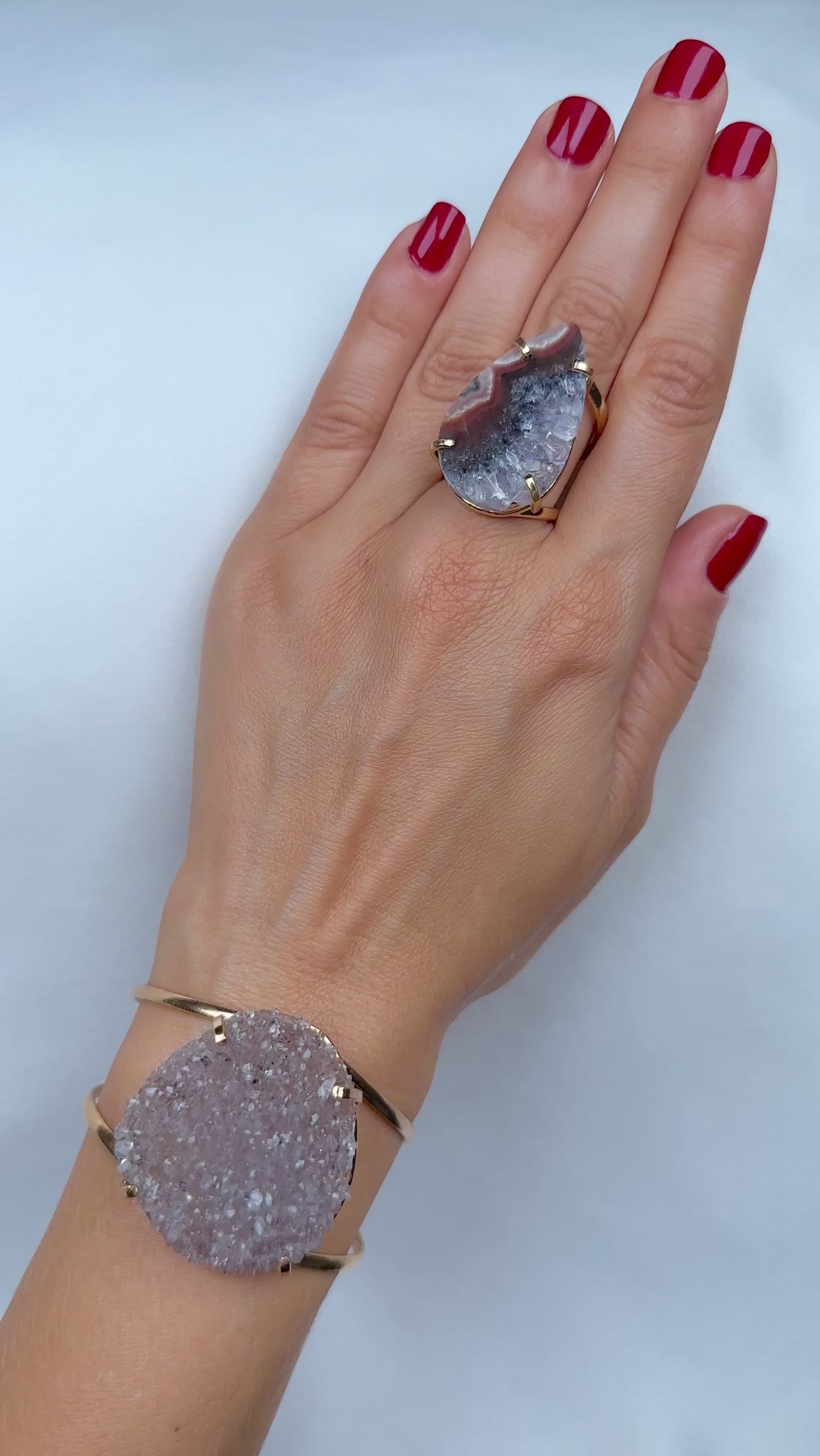 smoky quartz druzy crystal cuff 14k gold plated brass adjustable fit
