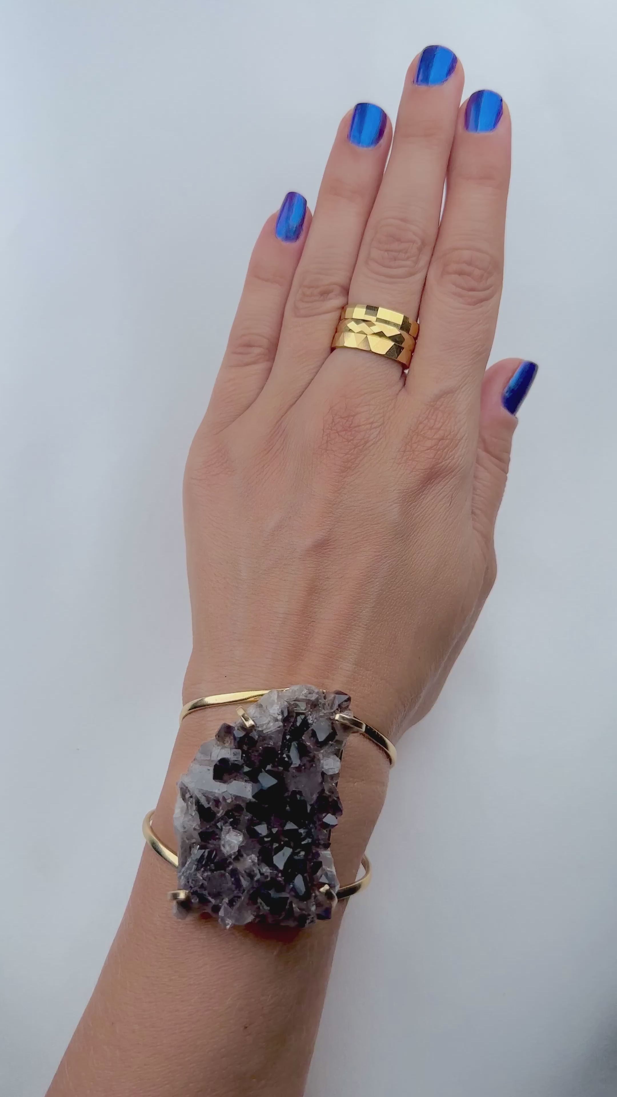 Smoky quartz crystal 14k gold plated brass cuff adjustable fit