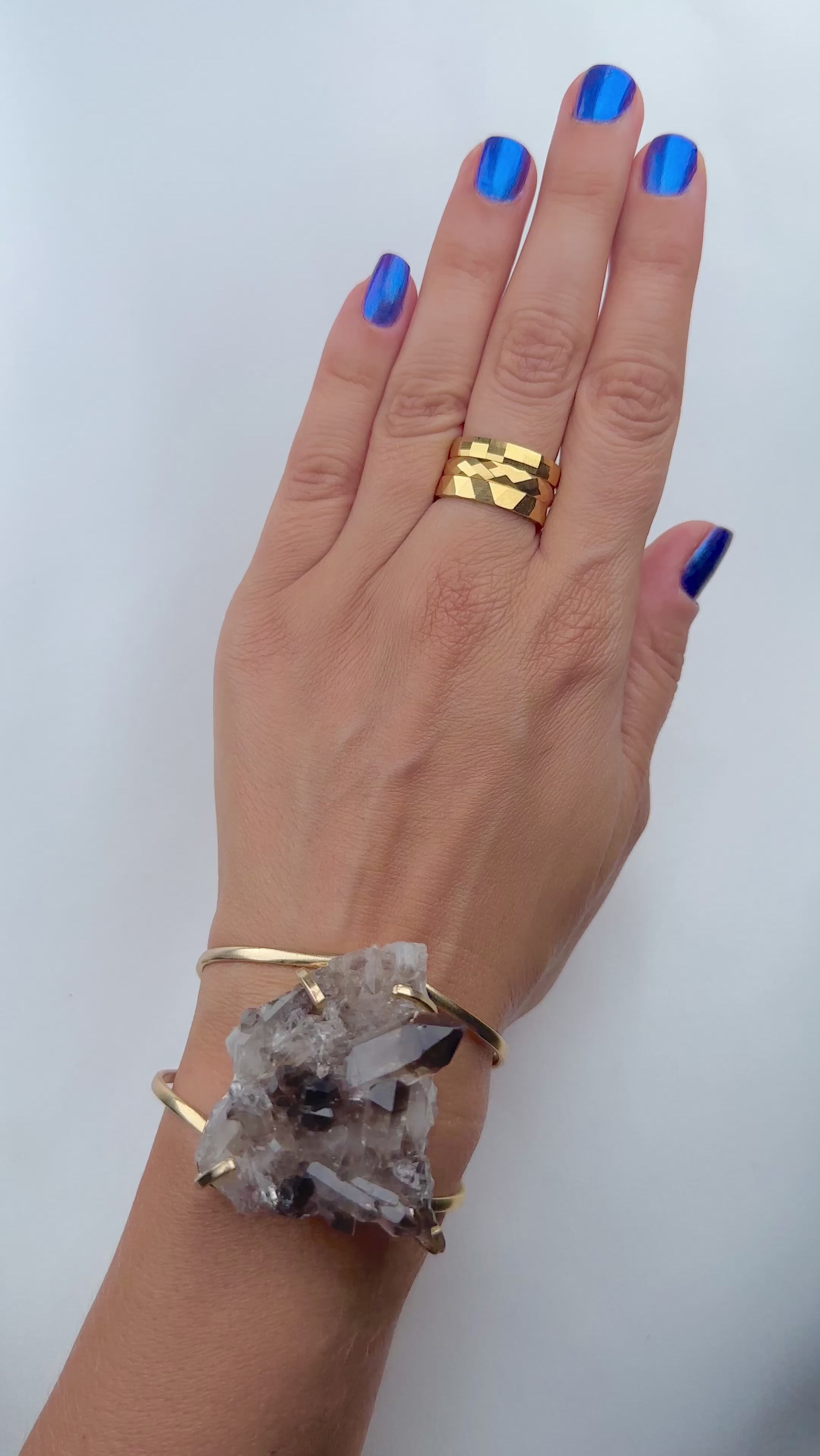 Smoky quartz crystal 14k gold plated brass cuff adjustable fit