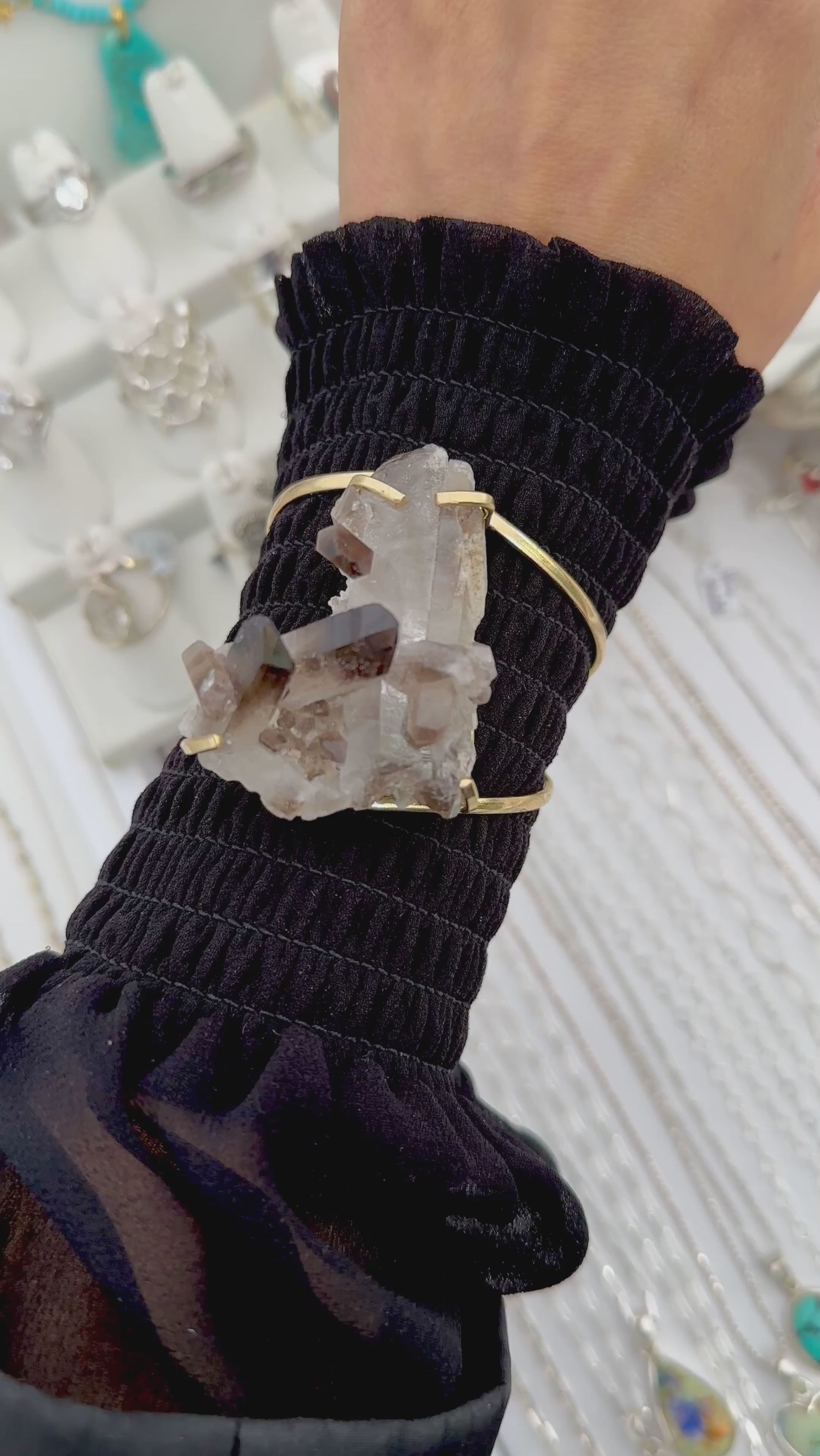 Smoky quartz crystal 14k gold plated brass cuff adjustable fit