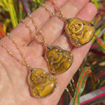 Natural gold tiger's eye buddha necklace 14k gold plated stone