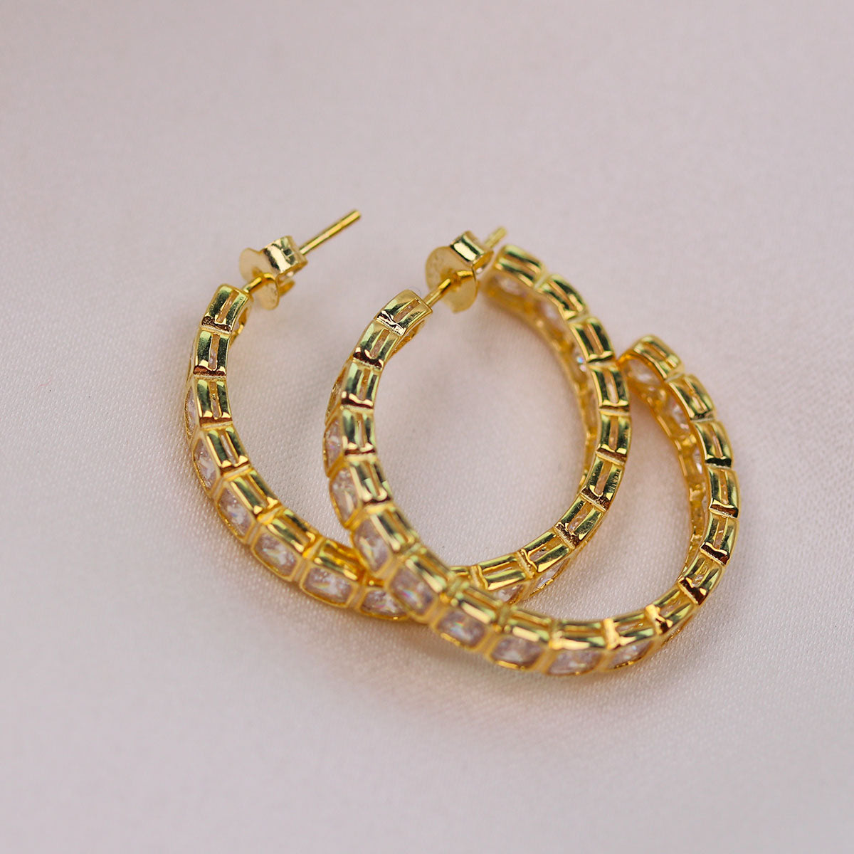 Princess Cut Crystal Hoops - 1 1/8"