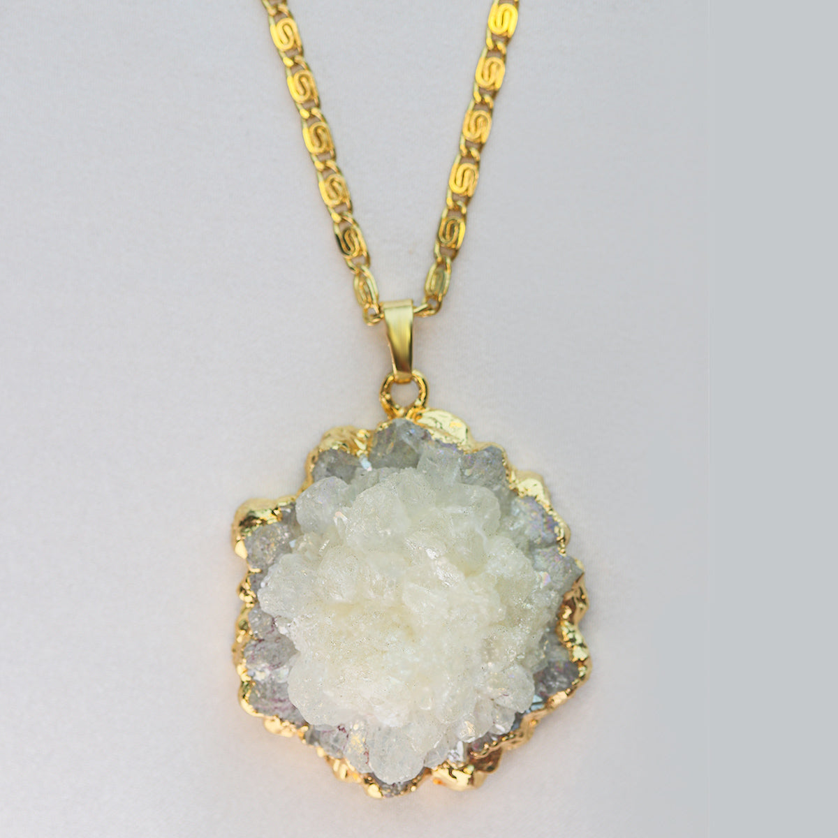 quartz druzy flower necklace gold plated gold filled chain
