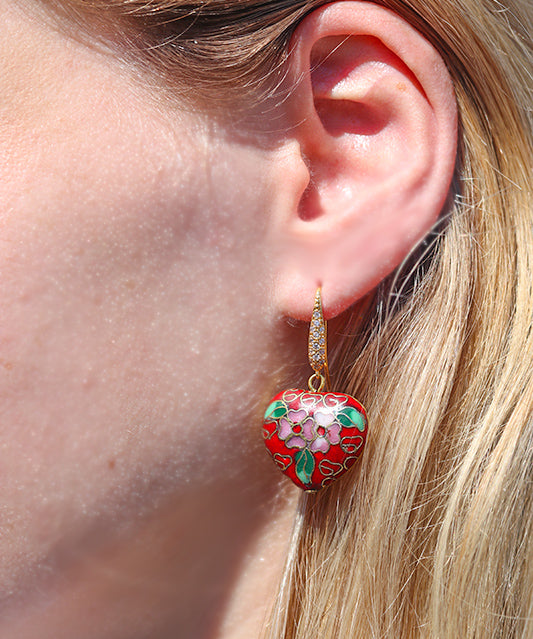 Enamel Cloisonné Heart Earrings - Rouge