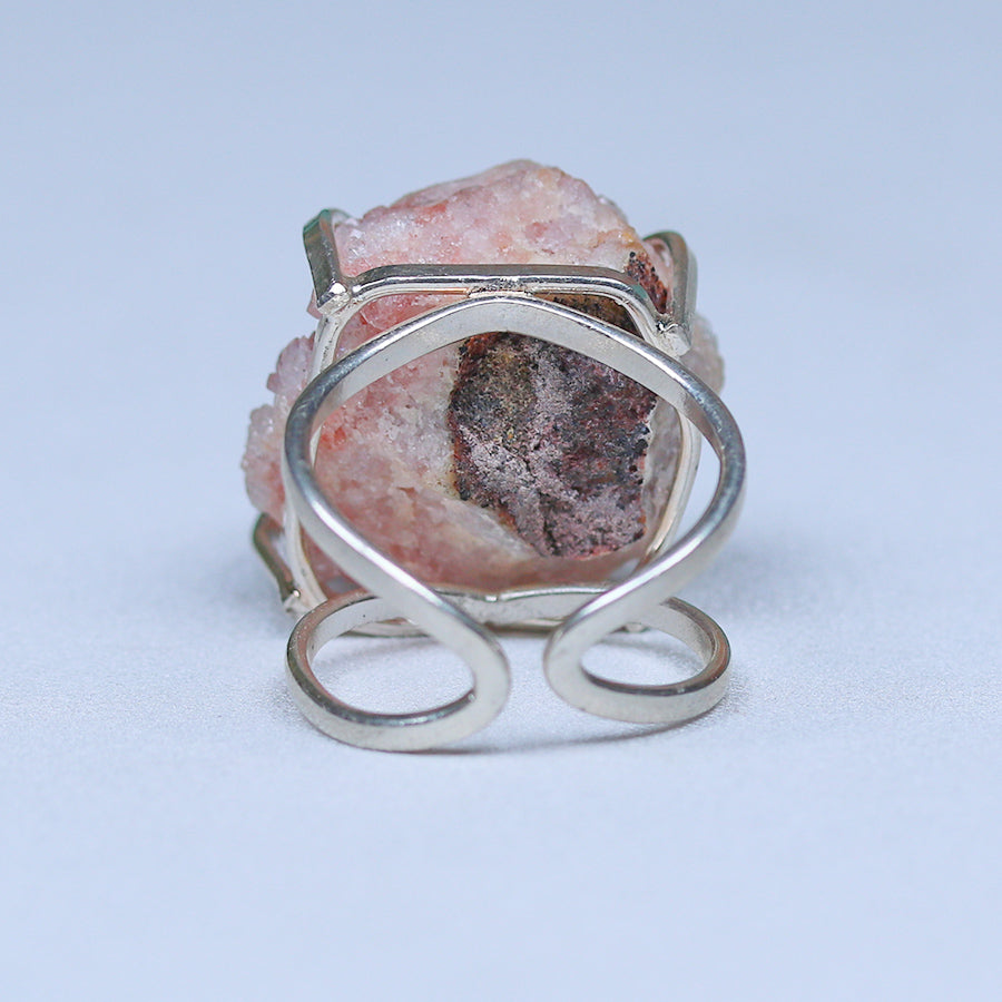  Rose quartz druzy ring sterling silver over brass adjustable band