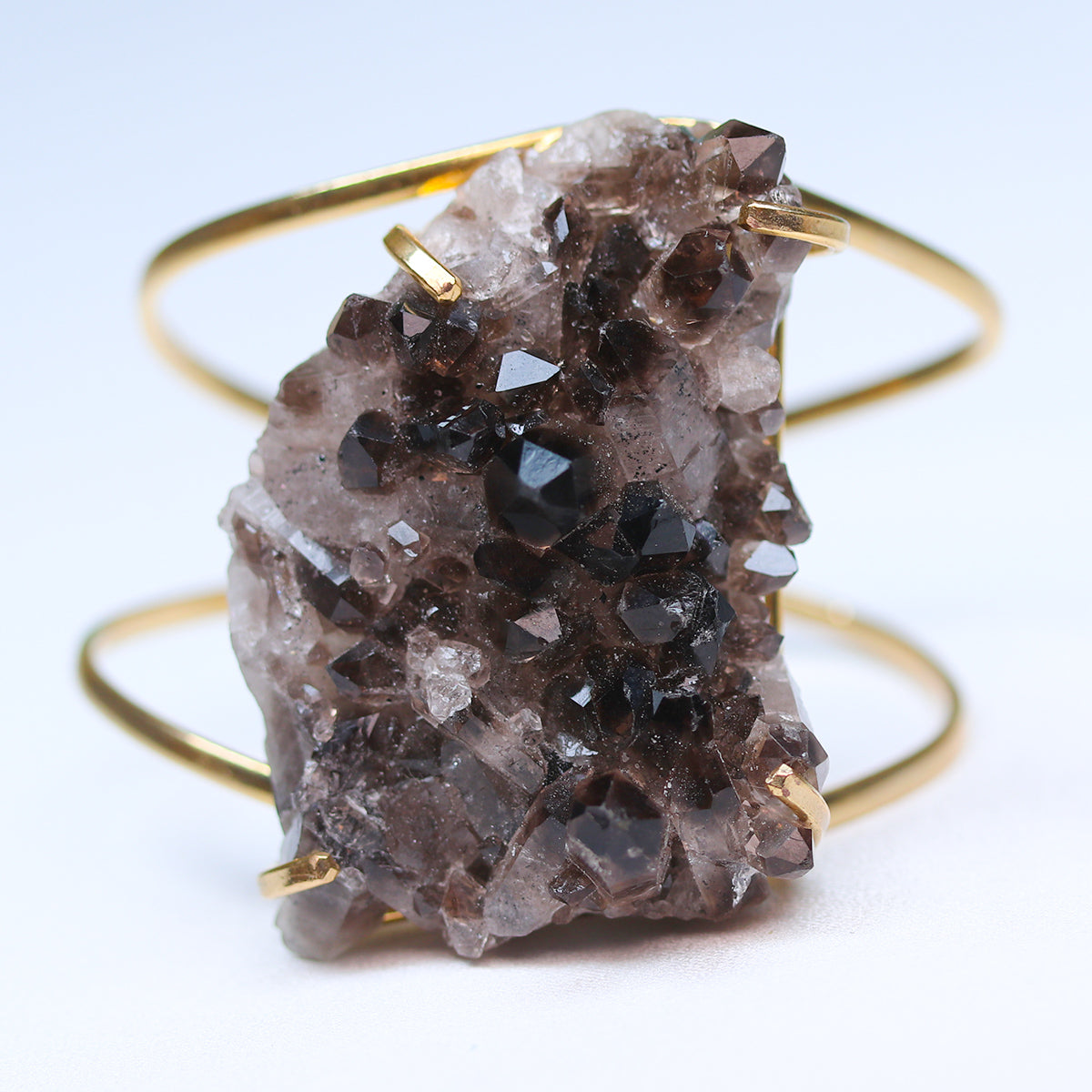 Smoky quartz crystal 14k gold plated brass cuff adjustable fit