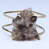 Smoky quartz crystal 14k gold plated brass cuff adjustable fit