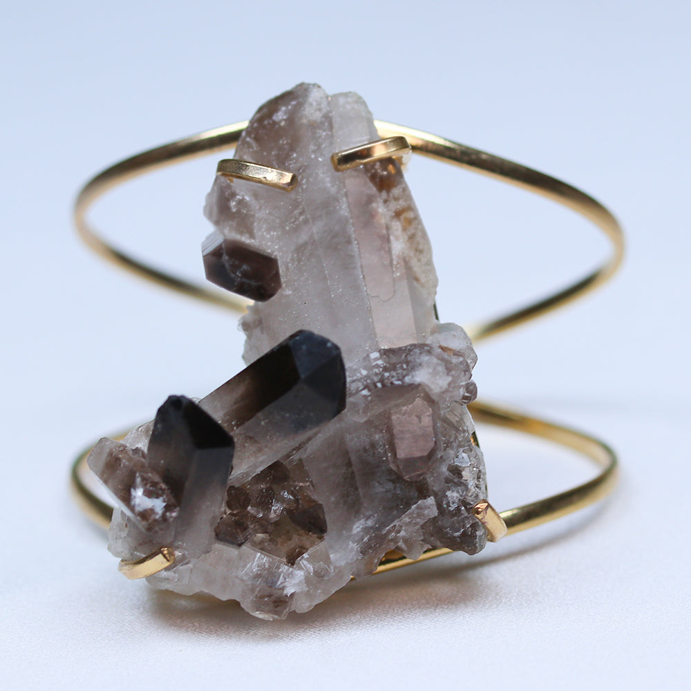 Smoky quartz crystal 14k gold plated brass cuff adjustable fit