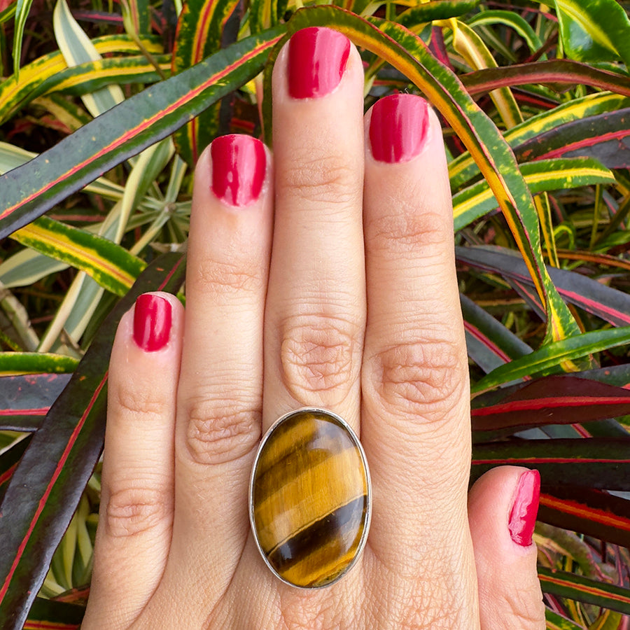 Natural Tigers eye ring .925 sterling silver adjustable waterproof