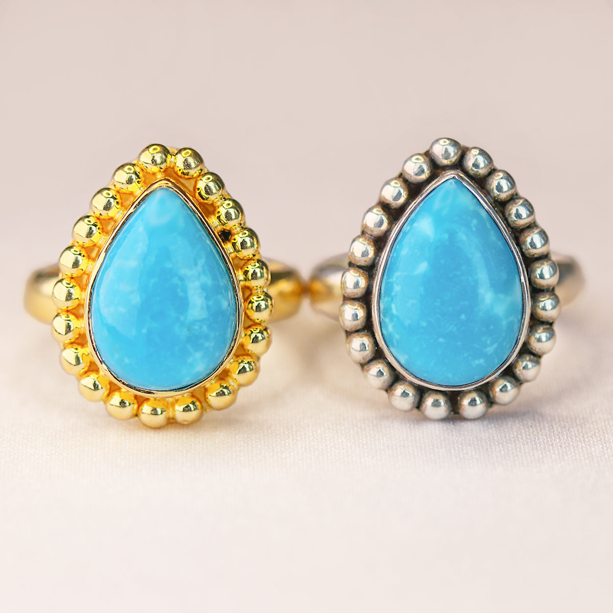 waterproof gold 925 sterling silver natural turquoise bead frame teardrop ring