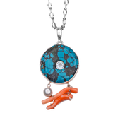 Turquoise Bi Disc, Coral, Pearl Necklace